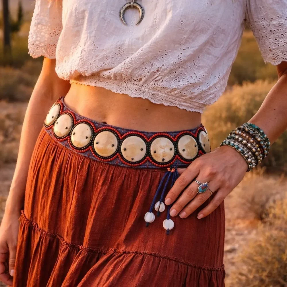 Hand crafted Mexican beaded and Stone fabric wide tie belt red black Vintage